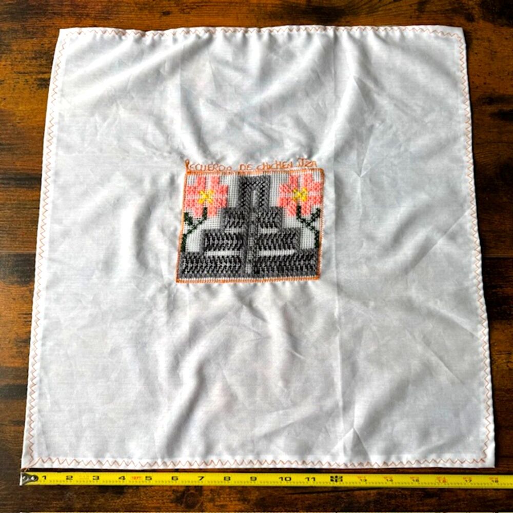 VTG Handmade Multicolor Cross-Stitch 18X18 Linen Mayan Ruins Primitive Decor Art - Picture 7 of 12